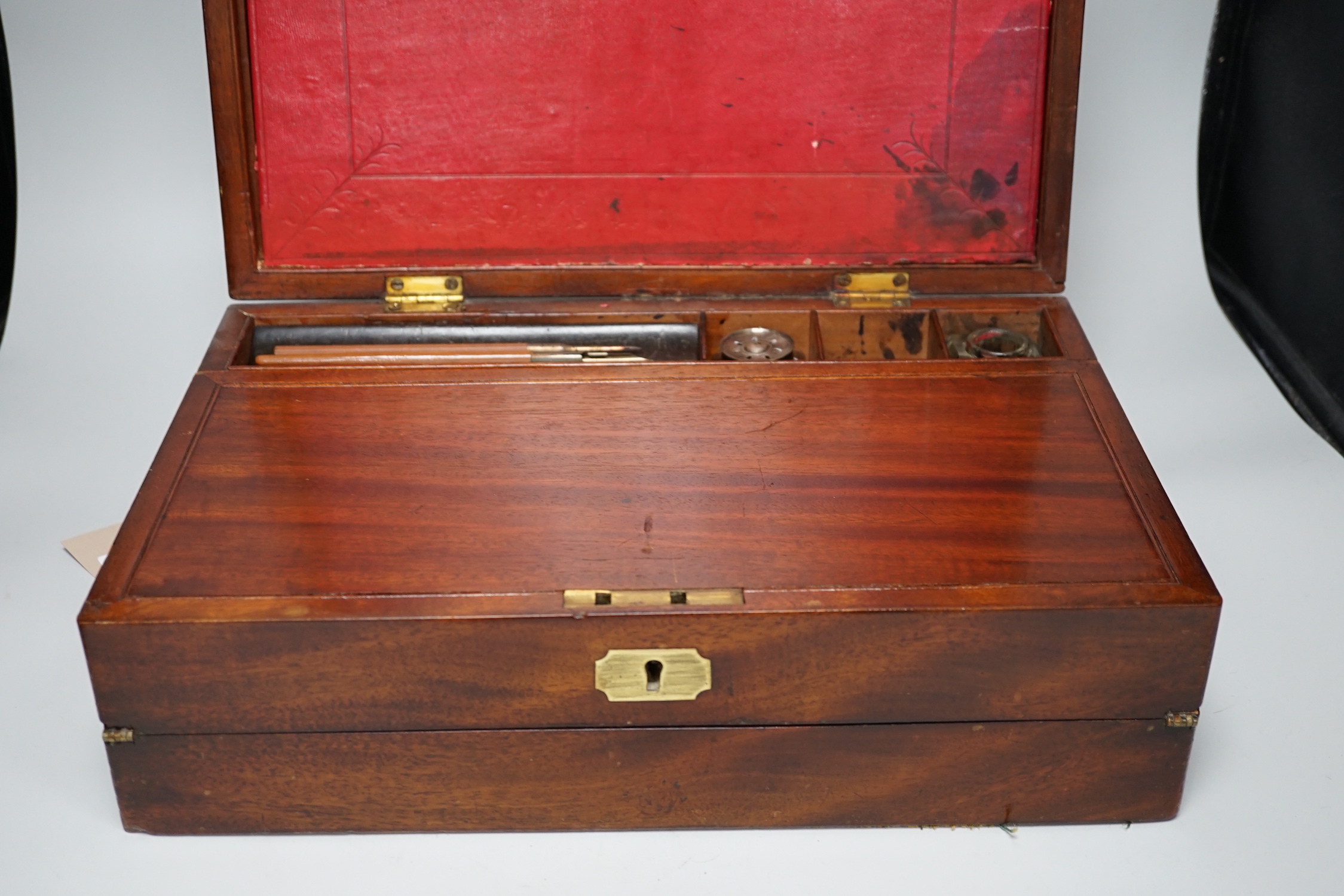 A Victorian mahogany shell inlay writing slope, with interior red Morocco leather stationery sleeve, slope, 40.5cm x 13.5cm high